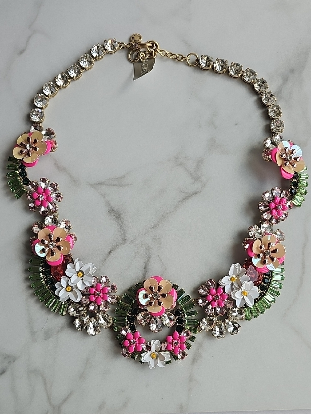 J. Crew Pink, Green, White Floral Crystal Necklace